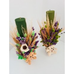 Lumanare botez verde cu ursulet bej