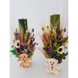 Lumanare botez verde cu ursulet bej